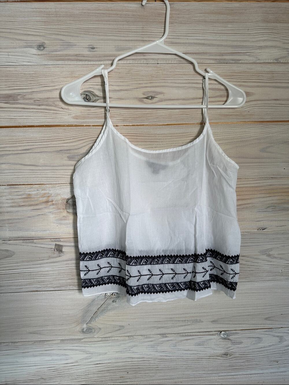 Rubbish White Spaghetti-Strap Tank with Black Embroidered Hem